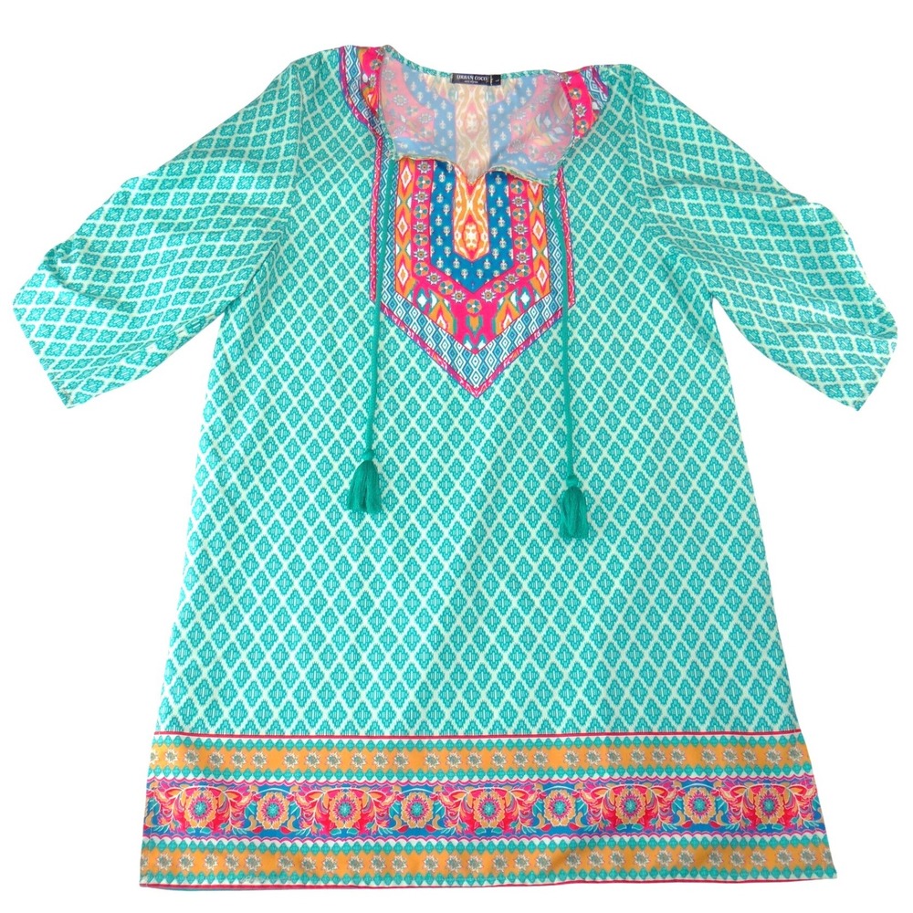 Urban Coco Womens Teal Pink Geometric Boho Tassel Tunic Dress Size L